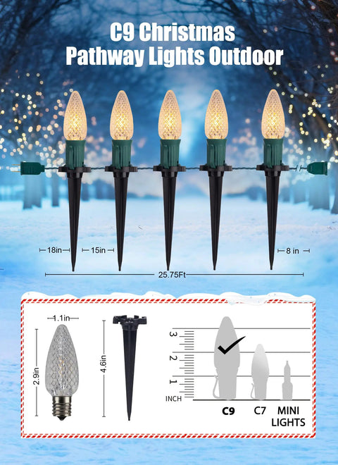 Outdoor Twenty Five Point Seven Feet 20 LED C9 Christmas String Lights With Strawberry Shell Stakes Connectable Warm White Waterproof