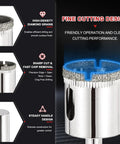 Pro Grade Diamond Hole Saw Set For Tile And Stone Hassle Free Drilling With Cuts Like Butter Edges And Darn Tough 50 To 60 Grit Build shown from the side focusing on high-density diamond grains and smooth cutting design.