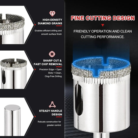 Pro Grade Diamond Hole Saw Set For Tile And Stone Hassle Free Drilling With Cuts Like Butter Edges And Darn Tough 50 To 60 Grit Build shown from the side focusing on high-density diamond grains and smooth cutting design.