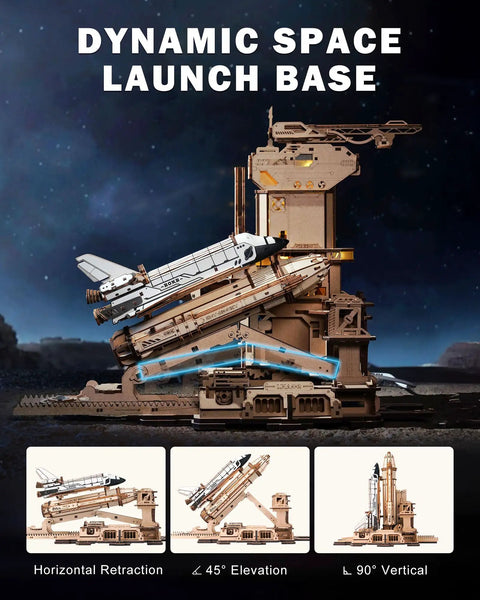 Space Shuttle 3D Puzzle For Adults With Lighting on a dynamic launch base showcasing horizontal, angled, and vertical positions.