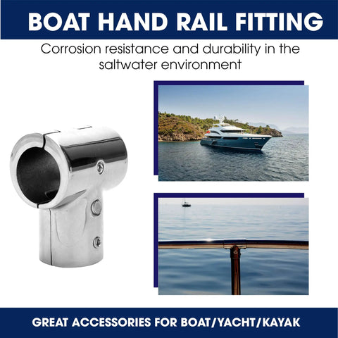 1 Inch Stainless Steel Boat Railing Tee Fitting, 90 Degree Tube Connector for Heavy Duty Marine Handrails displayed with yacht imagery
