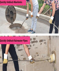 Two people using a Heavy Duty Flat Iron Drain Cleaning Steel Tape Manual Auger to clear a manhole and rainwater pipe.