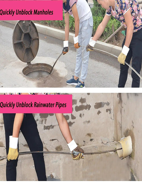 Two people using a Heavy Duty Flat Iron Drain Cleaning Steel Tape Manual Auger to clear a manhole and rainwater pipe.