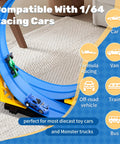 16 Ft Flexible Roll Up Race Car Track Set With Suction Cups, dual lane track on carpet with diecast cars.