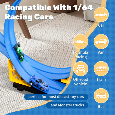 16 Ft Flexible Roll Up Race Car Track Set With Suction Cups, dual lane track on carpet with diecast cars.