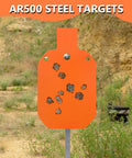 7 By 12 Inch AR500 Steel Targets, Three Eighths Inch Thick Gong Silhouette in neon orange on outdoor shooting range
