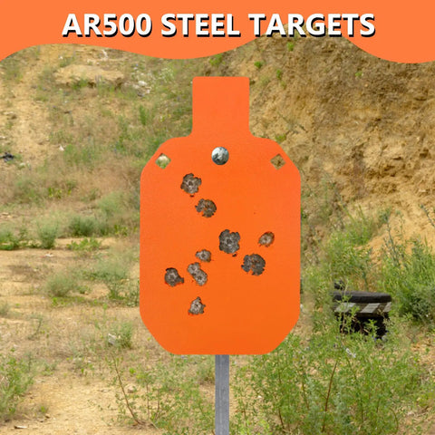 7 By 12 Inch AR500 Steel Targets, Three Eighths Inch Thick Gong Silhouette in neon orange on outdoor shooting range