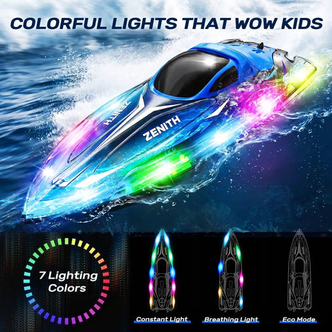 Remote Control Boat With LED Lights For Kids And Adults, 2.4GHz Waterproof Speed Boat racing on water with bright colors