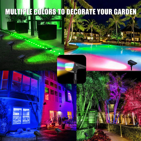Solar Color Changing RGB Landscape Spotlights 7 Modes IP67 Waterproof Outdoor Lighting For Garden Yard Driveway Lawn Patio Pathway 4 Pack All Weather Ready Durable Solar Powered Accent Lights in Various Settings