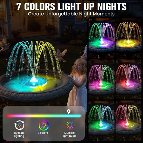 Powerful Solar Bird Bath Fountain Pump With 4000mAh Battery, Three Spray Modes And Lights for outdoor bird bath display
