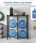 5 Gallon Water Jug Holder 2-Tier Stand with Tabletop Shelf holding four blue jugs in a kitchen or garage setting