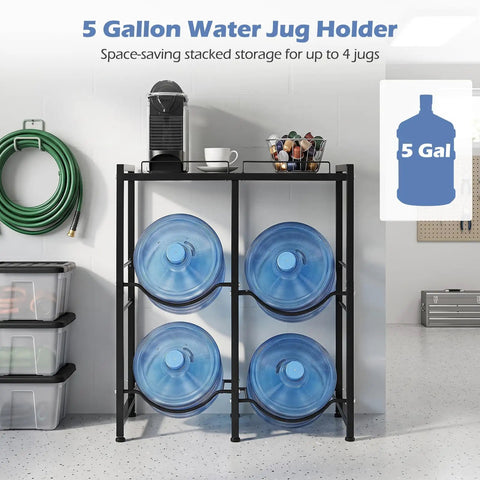 5 Gallon Water Jug Holder 2-Tier Stand with Tabletop Shelf holding four blue jugs in a kitchen or garage setting