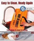Five Layer Insulated Meat Resting Blanket With Aluminum Foil Lining being cleaned under faucet, showing before and after greased surface.