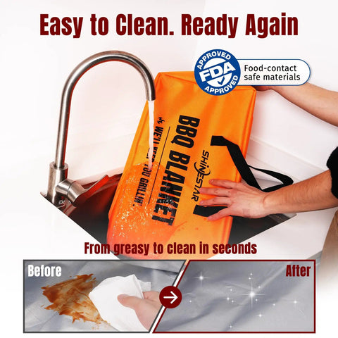 Five Layer Insulated Meat Resting Blanket With Aluminum Foil Lining being cleaned under faucet, showing before and after greased surface.