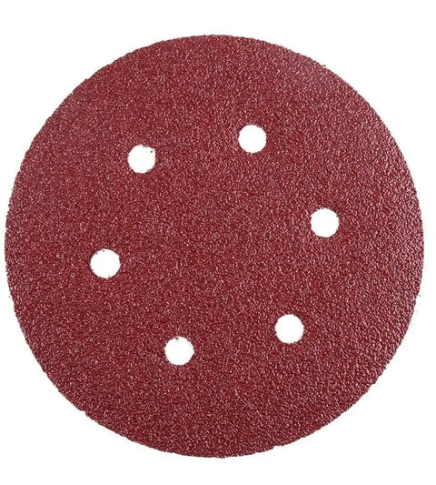 Six Inch 150 Mm Sanding Discs With Hook And Loop Aluminum Oxide Grits From 60 To 2000 For Orbital Sanders showing a red abrasive disc.