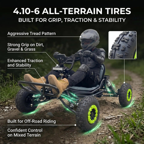Person riding Electric Go Kart For Adults And Teens, 48V 20Ah Battery, 2000W Motor, 6-inch all-terrain tires, off-road path.