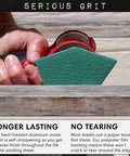 Hand using Triangle Sanding Sheets 90x65mm for Milwaukee M12 Sander, shown in use on wood surface; highlights durability and no tearing.