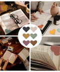 Six Piece Genuine Leather Heart Corner Bookmarks For Real Deal Bookworms And Teachers Handcrafted Page Holders with various colors and designs.