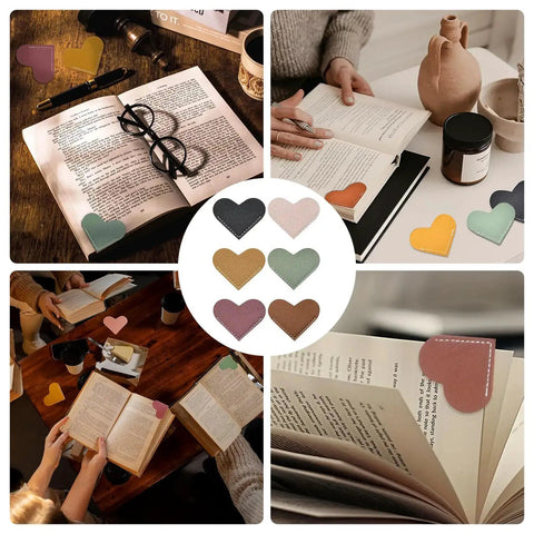 Six Piece Genuine Leather Heart Corner Bookmarks For Real Deal Bookworms And Teachers Handcrafted Page Holders with various colors and designs.