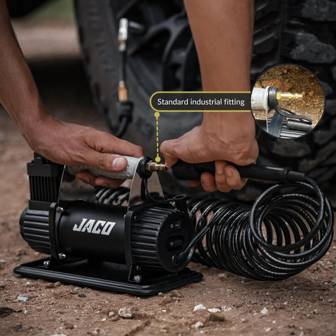 Heavy Duty Portable Air Compressor Tire Inflator Kit Delivers No Sweat Quick Fill With 3.5 Cfm Motor And 12V Plug connecting to tire valve.