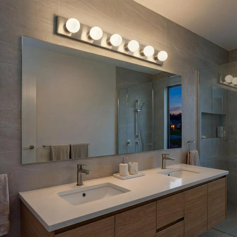 Top Shelf 36 Inch Bathroom Vanity Light Fixture With Brushed Nickel Finish Offering Straight Up Easy Installation And Rock Solid Build Quality For 6 Light Damp Rated Rooms above modern double sink bathroom vanity.