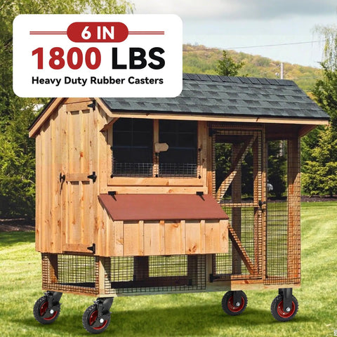 Chicken coop fitted with 6 Inch Heavy Duty Rubber Casters Wheels With Knobby Tread For Dolly And Cart Up To 1800 Lbs.