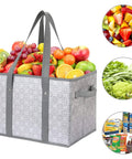 Three Pack Large Reusable Grocery Bags Water Resistant Tote filled with fruits, vegetables, and groceries, fold-flat design visible