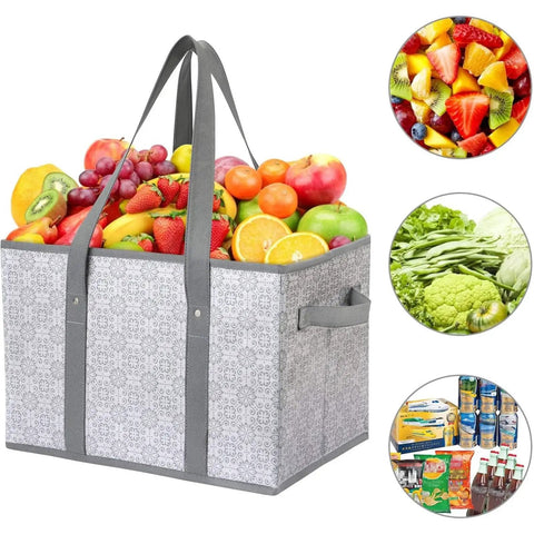 Three Pack Large Reusable Grocery Bags Water Resistant Tote filled with fruits, vegetables, and groceries, fold-flat design visible