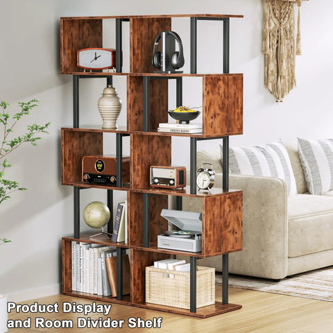 Top Shelf Six Tier Bookshelf With Sleek S Shaped Design, Rustic Brown Geometric Storage Rack, Sturdy Workhorse Organizer, Quick Snap Assembly, Total Flex Space Saver For Books, Plants, Magazines, Smooth Room Vibe Flip For Any Cozy Nook with various decor items
