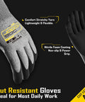 ANSI A5 Cut Resistant Gloves With Nitrile Dipped Grip Coating For Construction And Warehouse Work Knife Proof Protection High Performance HPPE Glass Fiber Steel Blend Grey Medium Available In 1 3 Or 12 Pack with comfort stretchy yarn and non-slip nitrile foam coating.