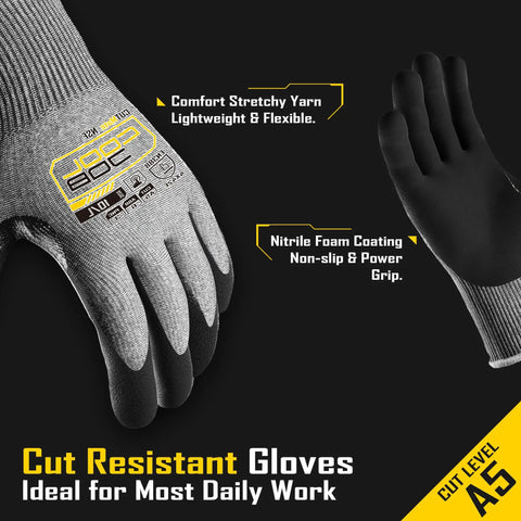 ANSI A5 Cut Resistant Gloves With Nitrile Dipped Grip Coating For Construction And Warehouse Work Knife Proof Protection High Performance HPPE Glass Fiber Steel Blend Grey Medium Available In 1 3 Or 12 Pack with comfort stretchy yarn and non-slip nitrile foam coating.