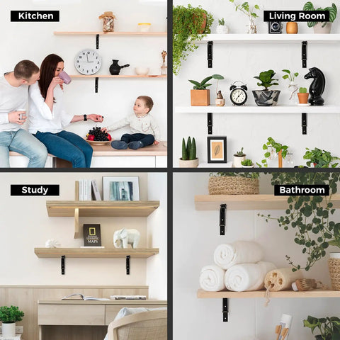 Solid 16 Inch Folding Shelf Brackets 2 Pack Wall Mounted Space Saving Desk Supports Heavy Duty Steel in kitchen, living room, study, and bathroom.
