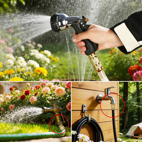 Brass Garden Hose Quick Connect Kit With Four Male And Four Female Connectors, Extra Washers, Leak Resistant, in use.