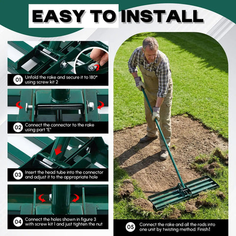 Man using Heavy Duty Lawn Leveling Rake With 30 By 10 Inch Ground Plate And 72 Inch Adjustable Handle Leveler Tool for soil prep.