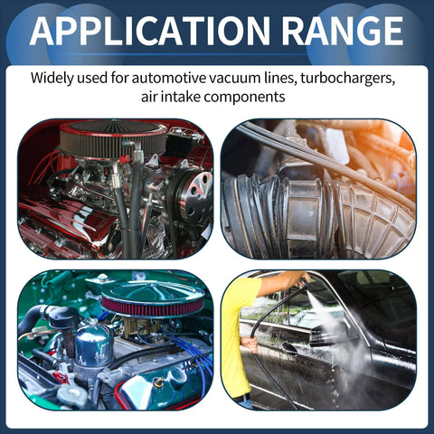 Collage showing automotive applications for Silicone Vacuum Hose Tubing For Engine Bay 5.5 Feet Long Half Inch ID 12mm 2.5mm Wall Thickness.