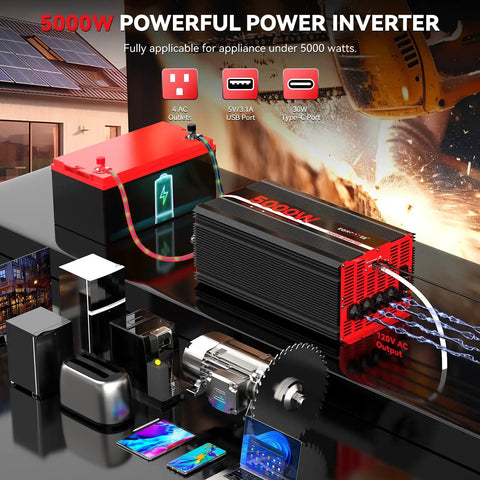 Heavy Duty 5000W Power Inverter 12V Dc To 120V Ac Converter For Rv And Truck 10000W Peak Off Grid Solar System With Lcd Remote and charging ports.