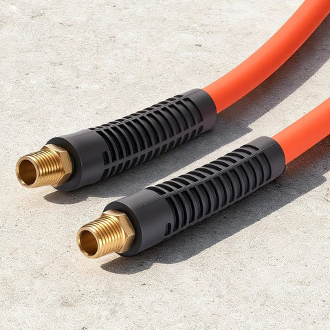 Heavy Duty 1/2 Inch By 100 Foot Air Compressor Hose With Solid Brass Fittings kink free ends on a concrete surface.