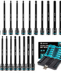 Heavy Duty 3/8 Inch Drive Long Impact Hex Bit Socket Set Built Like A Tank With S2 Steel Insert And CRV Body Featuring Manganese Coating For Zero Slack And Daily Shop Hustle, 20 piece set with varying sizes.