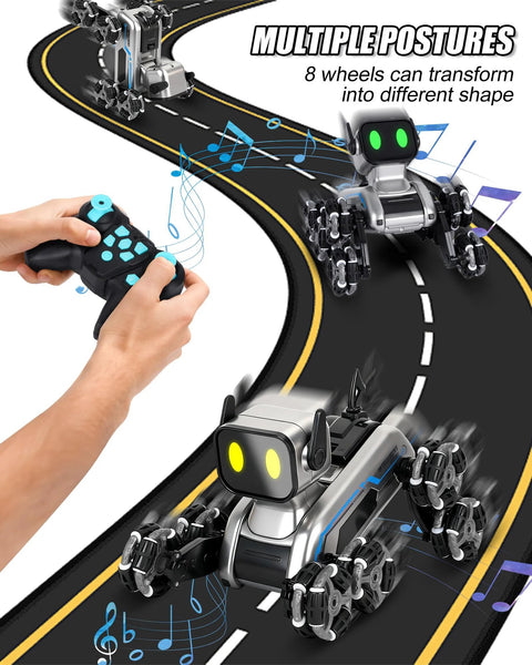 Front view HuiJuKeJi interactive robot dog RC stunt car with gesture sensing, 2.4GHz remote, LED eyes, mecanum wheels.