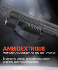 Integrated Tactical Forend Weapon Light For Mossberg Shockwave 12 Gauge With Six And Three Quarters Inch Action Slide, 1000 Lumen, 20000 Candela, Ambidextrous Controls, Strap Included, Black, showcasing momentary constant on-off switch and maximum grip