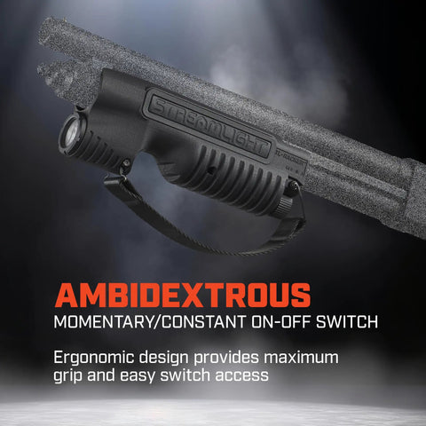 Integrated Tactical Forend Weapon Light For Mossberg Shockwave 12 Gauge With Six And Three Quarters Inch Action Slide, 1000 Lumen, 20000 Candela, Ambidextrous Controls, Strap Included, Black, showcasing momentary constant on-off switch and maximum grip