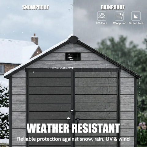 6 By 4.4 Ft Backyard Storage Shed With Floor Durable 16mm Resin Construction showing weatherproof features in snow and rain.