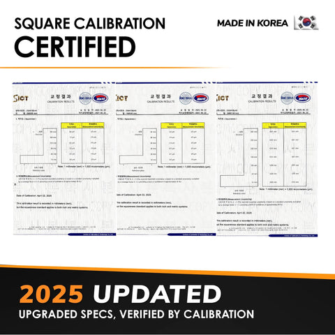 Woodraphic 8-inch aluminum woodworking square with right-angle ruler and calibration certificates banner