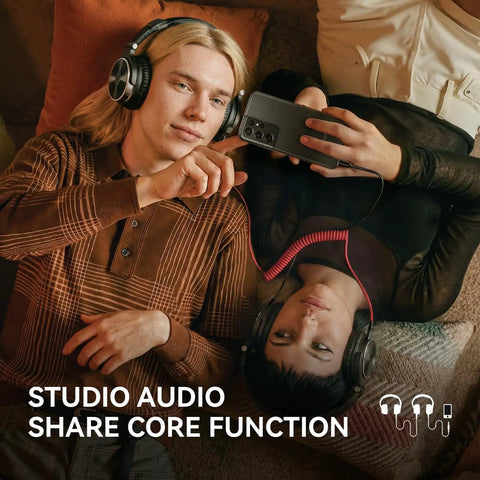 Two people listening to music on Wired Over Ear Studio Monitoring Headphones With 50mm Drivers For Mixing, DJing And Recording.