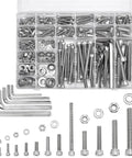 Heavy Duty Stainless Steel Bolt Nut Washer Kit With M5 M6 M8 M10 Socket Cap Screws, 365 Piece All In One Assortment For Auto Repairs, Home Improvement, Furniture Projects And DIY Gear. Open case with bolts, nuts, washers and hex keys