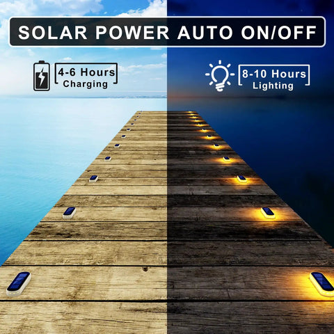 4 Pack Solar Step Lights Outdoor Waterproof LED illuminating dock with auto on/off feature, showing battery and lighting hours info.