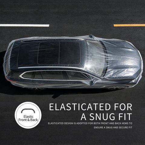 Four Pack Disposable Plastic Car Covers With Elastic Band Universal Indoor Garage Shield For Sedans And SUVs Clear Rain Dust Protection 12.5 By 21.6 Feet Each covering a silver SUV from top view.