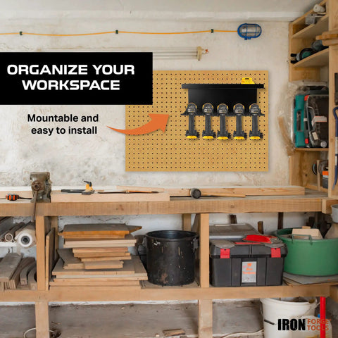 Power Tool Organizer For Shop And Garage Heavy Duty Wall Mounted Rack With Storage And Five Drill Slots