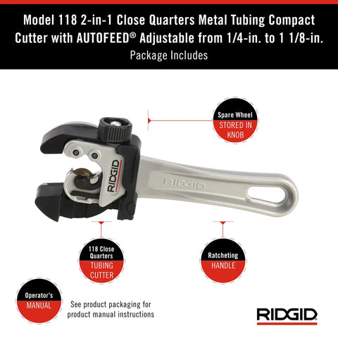2-In-1 Close Quarters Tubing Cutter With Auto Feed For 1/4 To 1-1/8 Inch Copper, Brass, And Aluminum Tubing, Compact Auto-Feed Cutter Delivers Clean, Precise Cuts In Tight Spaces For Pros