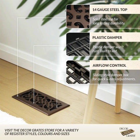 Metal Scroll Air Vent Cover 4x10 Floor Register Easy Install With Adjustable Damper Lever In Rubbed Bronze For Home Vents